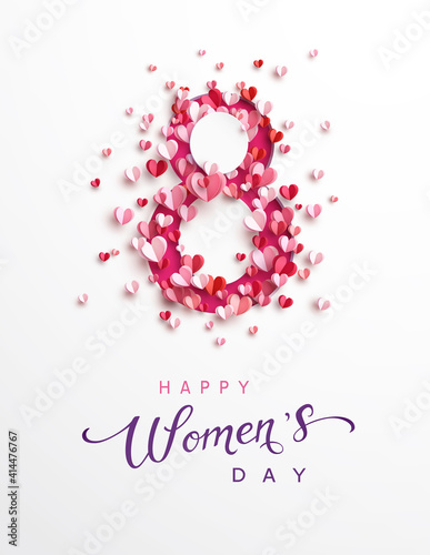 Women's Day greeting card or banner with pink cut eight number and flying paper hearts. Vector 8 March international holiday poster template