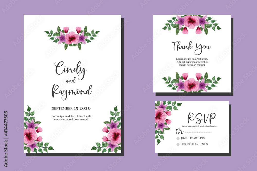 Wedding invitation frame set, floral watercolor hand drawn Hollyhock Flower design Invitation Card Template
