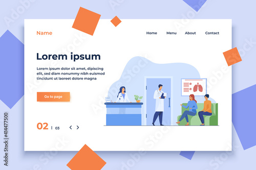 People sitting in hospital corridor and waiting for doctor. Patient, clinic, visit flat vector illustration. Medicine and healthcare concept for banner, website design or landing web page