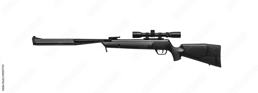 Pneumatic rifle isolated on white back. Rifle with optical sight. Weapons for sports, hunting and entertainment.
