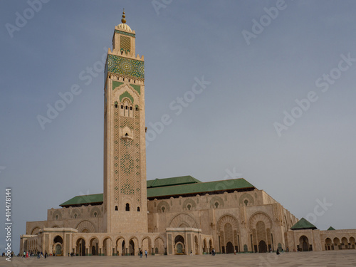 View of the huge Hassan II Mosque, with all the moroccan architecture and craftsmanship on display. Casablanca, Morocco.