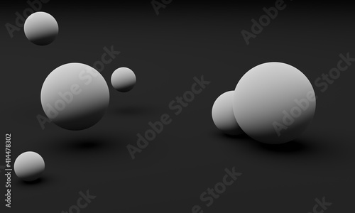 Spheres of white color are placed on soft black background. Pastel colors, soft shadows. Abstract and modern design, 3D render.