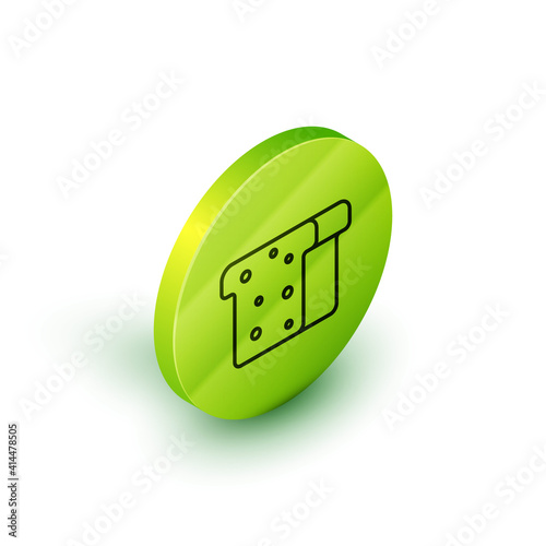 Isometric line Bread toast for sandwich piece of roasted crouton icon isolated on white background. Lunch, dinner, breakfast snack. Green circle button. Vector.