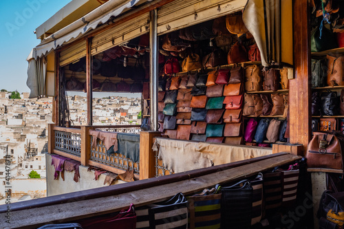 Balcony of a leather goods shop, with bags on display and a view over the tanneries. Fès, Morocco. © JoaLacerda