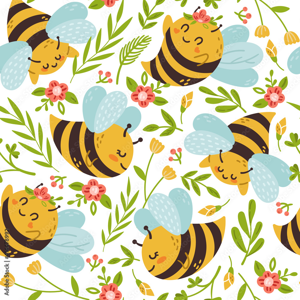 Honey Bee kids seamless pattern, cute bumble bee digital paper, cartoon insects and summer flowers, nursery seamless background for baby textile, scrapbooking, wrapping paper, wallpaper Honey Bee kids seamless pattern, cute bumble bee digital paper, cartoon insects and summer flowers, nursery seamless background for baby textile, scrapbooking, wrapping paper, wallpaper