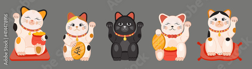 Maneki neko vector set isolated on brown background. Lucky cat in japanese traditional culture. Talisman or mascot symbol in flat style.