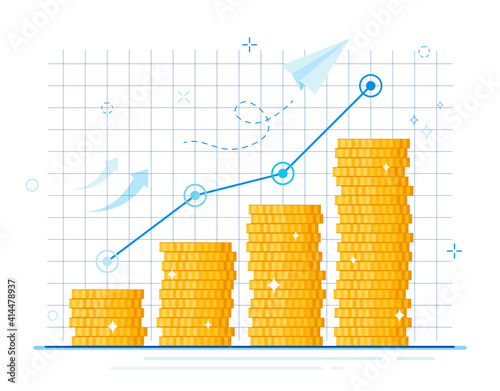Flat vector illustration profit growth margin revenue from business or budget stack of money and incremental graph concept of business success. Financial performance of return on investment.