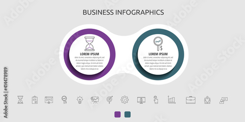 Business vector infographic circles for two label, diagram, graph, presentations. Concept with 2 options used with content, flowchart, steps, timeline, workflow, marketing.