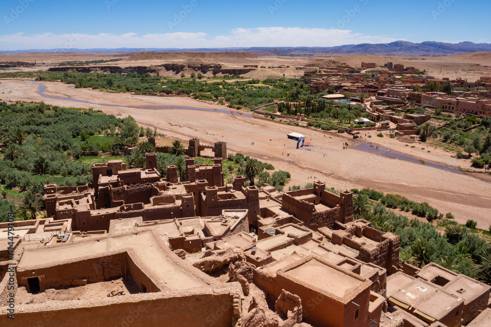 Amazing perspective from the top of Ait Benhaddou, with the village in the foreground, Morocco.