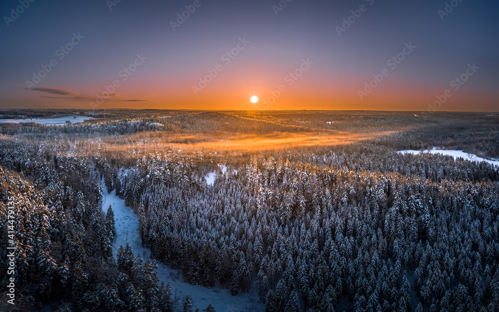 Warm sunrise over snowy countryside landscape. Pine forest covered in fog waves. Drone aerial view.