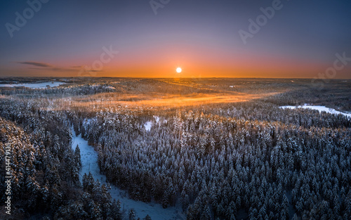 Obraz na płótnie Warm sunrise over snowy countryside landscape. Pine forest covered in fog waves. Drone aerial view. w salonie