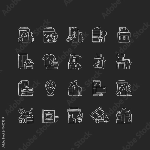 Waste management chalk white icons set on black background. Residential waste collection. Paper shredding. Grass clippings, leaves, branches. Bulky refuse. Isolated vector chalkboard illustrations