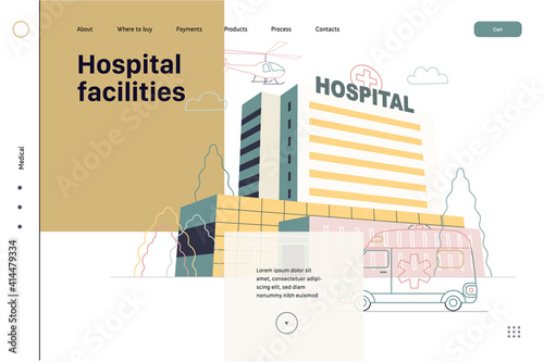 Medical insurance - hospital facilities and services - modern flat vector concept digital illustration - a hospital building with an ambulance car and a helicopter above, medical office or laboratory