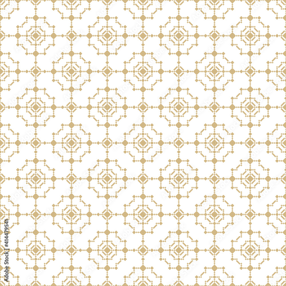 Golden vector geometric seamless pattern in ethnic style. Abstract texture with diamonds, rhombuses, squares, grid, lattice, flower shapes. Elegant gold and white ornament background. Luxury design