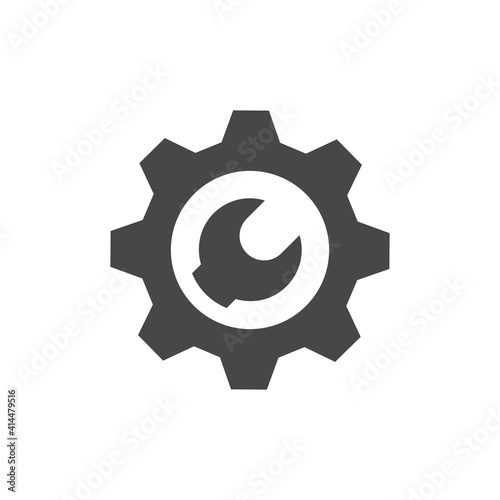Cogwheel or gear with wrench vector icon. Gog wheel, spanner or technical support symbol.