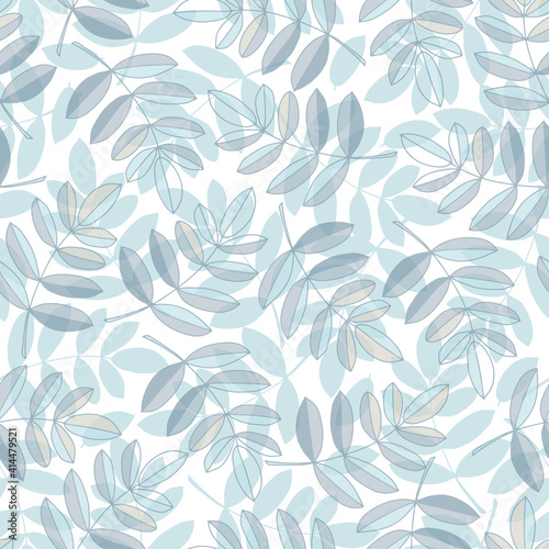 Seamless pattern with rowan leaves. Hand-drawn illustration in cold colors for packaging, gift wrap, wallpapers, fabric, scrapbooking paper and any type of printed products.
