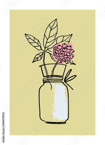 Decor printable art. Hand drawn monochrome vector illustration of elderflower in vase on beige background. Design for prints, posters, cards, textile