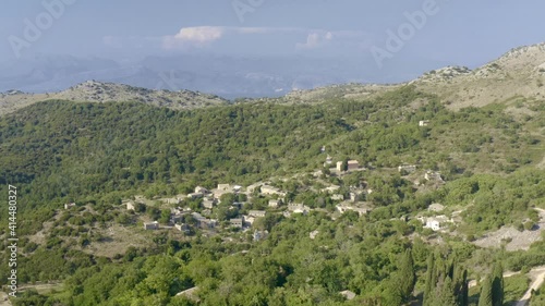 Old Perithia abandoned village in Corfu, Greece. Ghost village, drone footage, aerial, landscape, mountains, panorama. Drone Video Footage 4K #1