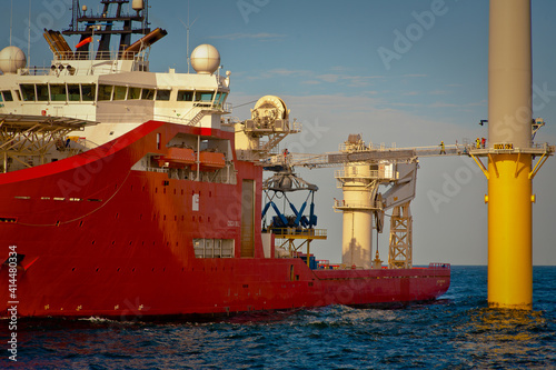 Fototapeta Service operational vessel with walk to work gangway deployed