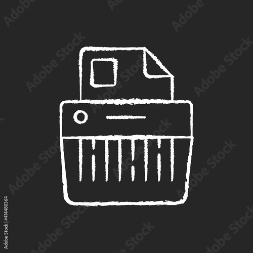 Paper shredding chalk white icon on black background. Cutting paper into either strips, fine particles. Mechanical device. Destroying private documents. Isolated vector chalkboard illustration