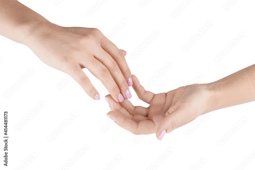 female hands with a purple manicure on a white background