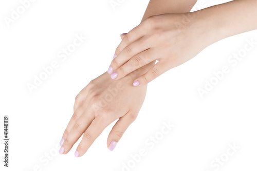 female hands with a purple manicure on a white background