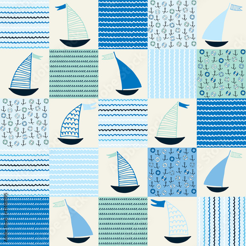 Seamless pattern, patchwork with hand drawn sailing boats, anchors, life belts, waves for surface design and other design projects. Sailing and fishing concept