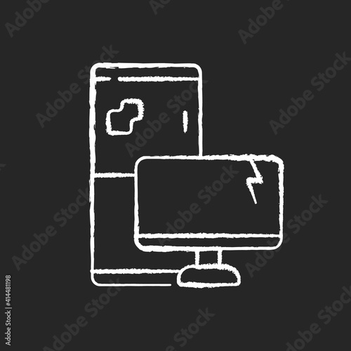 Electronic waste chalk white icon on black background. E-waste. Discarded electrical and electronic devices. Computers, televisions, refrigerators. Isolated vector chalkboard illustration