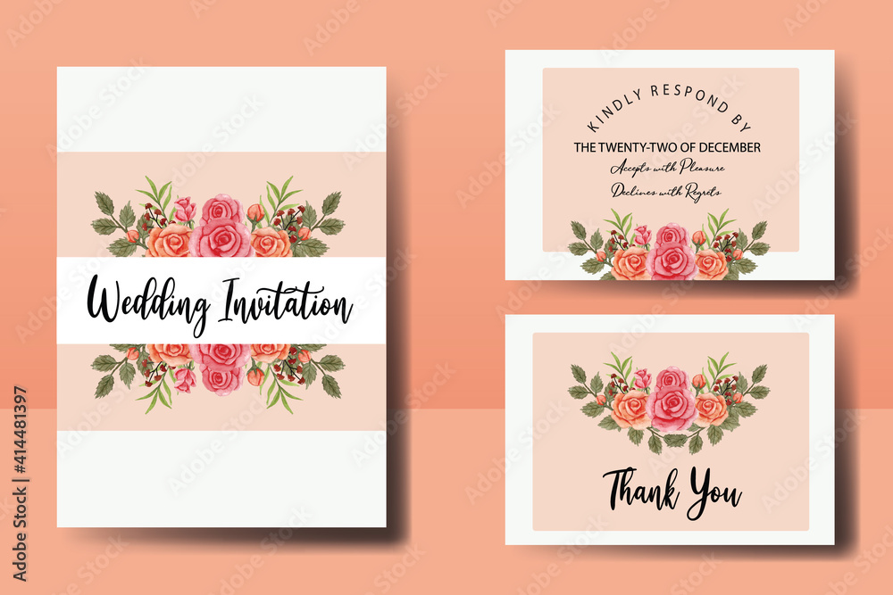 Wedding invitation frame set, floral watercolor hand drawn Rose Flower design Invitation Card Template Design