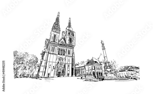 Building view with landmark of Zagreb is the
capital of Croatia. Hand drawn sketch illustration in vector.