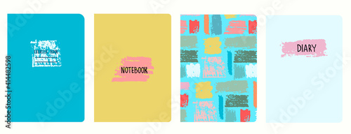 Set of cover page vector templates with multicolored paint stripes, brushstroke effect. Based on seamless patterns. Headers isolated and replaceable. Perfect for school notebooks, diaries
