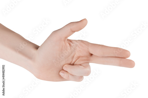 skinny female hands without manicure on a white background