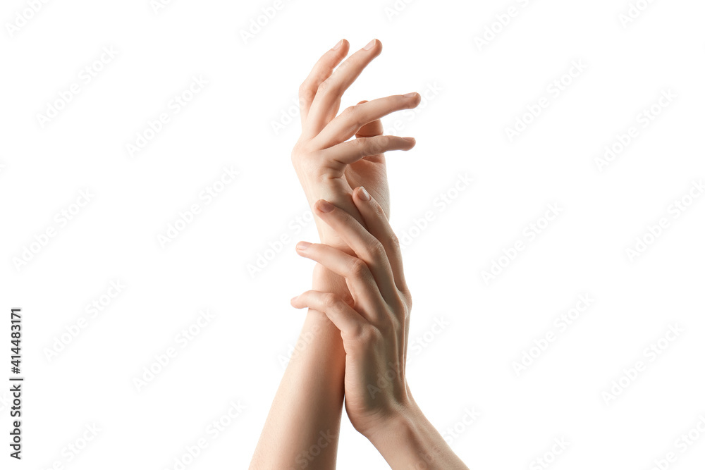 skinny female hands without manicure on a white background skinny female hands without manicure on a white background