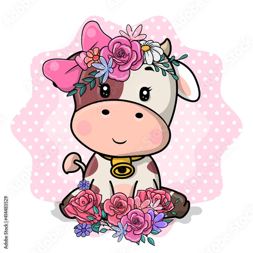 Cute Cartoon cow with flowers on a white background