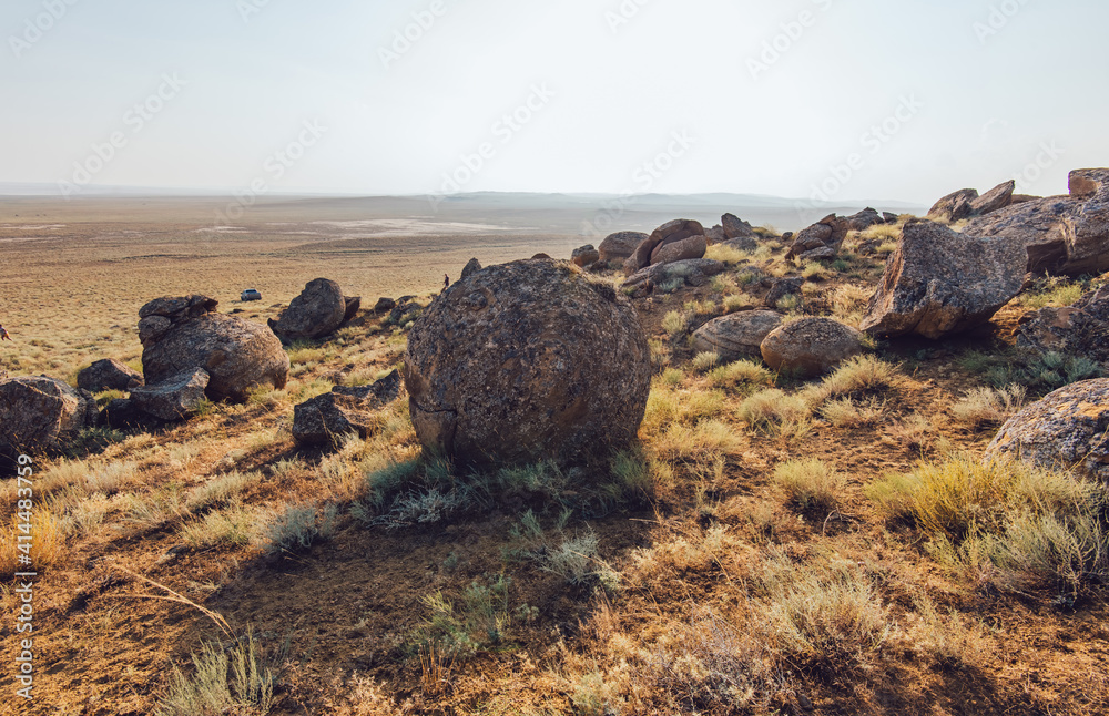 Scenic landscape of steppe with rocks