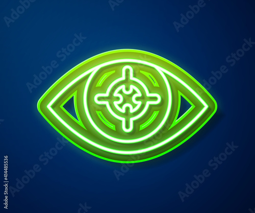 Glowing neon line Eye scan icon isolated on blue background. Scanning eye. Security check symbol. Cyber eye sign. Vector.