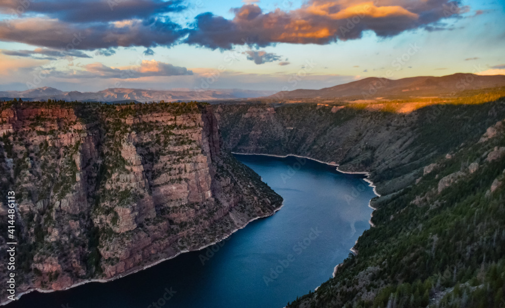 View from Canyon Rim trail in Flaming Gorge Utah National Park of Green River high angle aerial overlook
