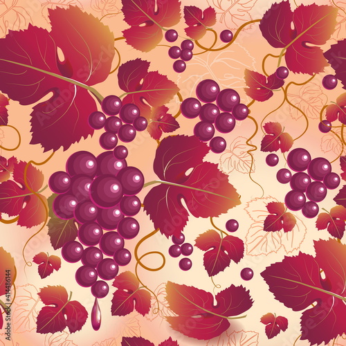 Seamless pattern with pink grape vines, clusters of grapes and red leaves on a pink background. Vector illustration.