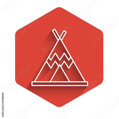 White line Traditional indian teepee or wigwam icon isolated with long shadow. Indian tent. Red hexagon button. Vector.