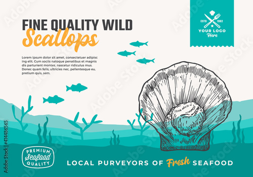 Fine Quality Organic Seafood. Abstract Vector Food Packaging Design or Label. Modern Typography and Hand Drawn Scallop and Fishes Silhouettes. Sea Bottom Landscape Background Layout with Banner