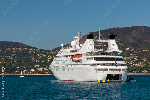 cruise ship anchored in the Mediterranean sea close to the coastline