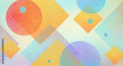 Abstract background with colorful shapes and texture, circles diamonds and square shapes layered in geometric pattern