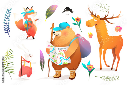 Animals adventure for kids collection of illustrated forest scout characters hiking. Bear, fox, deer or elk and rabbit cute cartoons for children isolated on white. Vector in watercolor style.