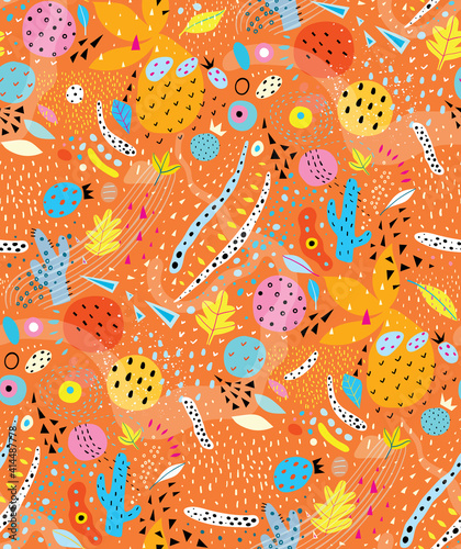 Organic abstract seamless pattern orange background in bold and vivid colors, freehand shapes, leaves cactus contemporary art for fabric, packaging and graphic design. Vector abstract background.