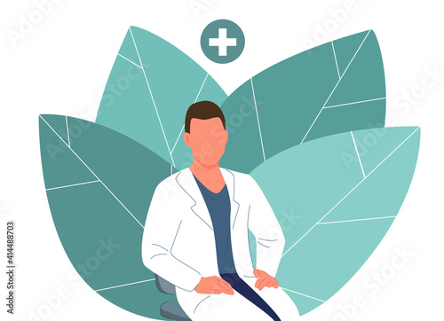  A young doctor is sitting on a chair. Medical banner.