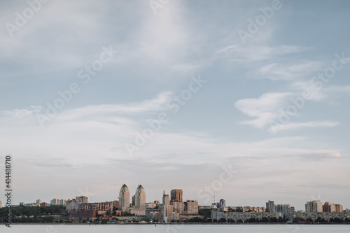 Dnipro city panorama  river  lake  sky reflection in water