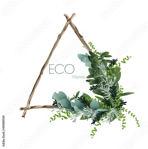 triangle frame wreath eco home sign. Herbarium succulent, fern eucalyptus, money tree, pine ikebana foliage. ecological sign Wedding invitation boho ornament Ecological real estate emblem Recycle mark
