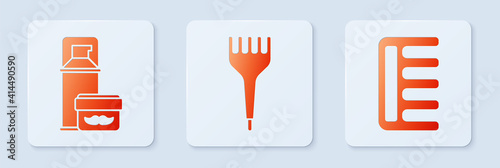 Set Hairbrush, Shaving gel foam and Hairbrush. White square button. Vector.