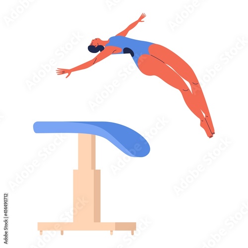Woman jumping over vaulting table or horse apparatus during vault gymnastics performance. Sport character in free salto flight isolated on white background