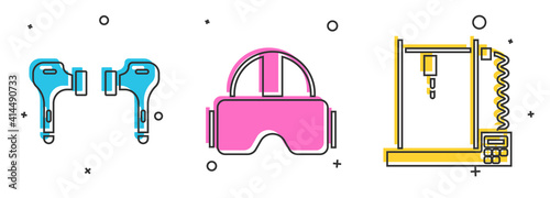 Set Air headphones, Virtual reality glasses and 3D printer icon. Vector.